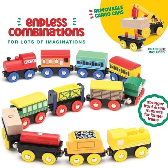 NEW Set 12 PCS Wooden Train - Train Toys Magnetic Set Includes 3 Engines - Picture 5 of 7